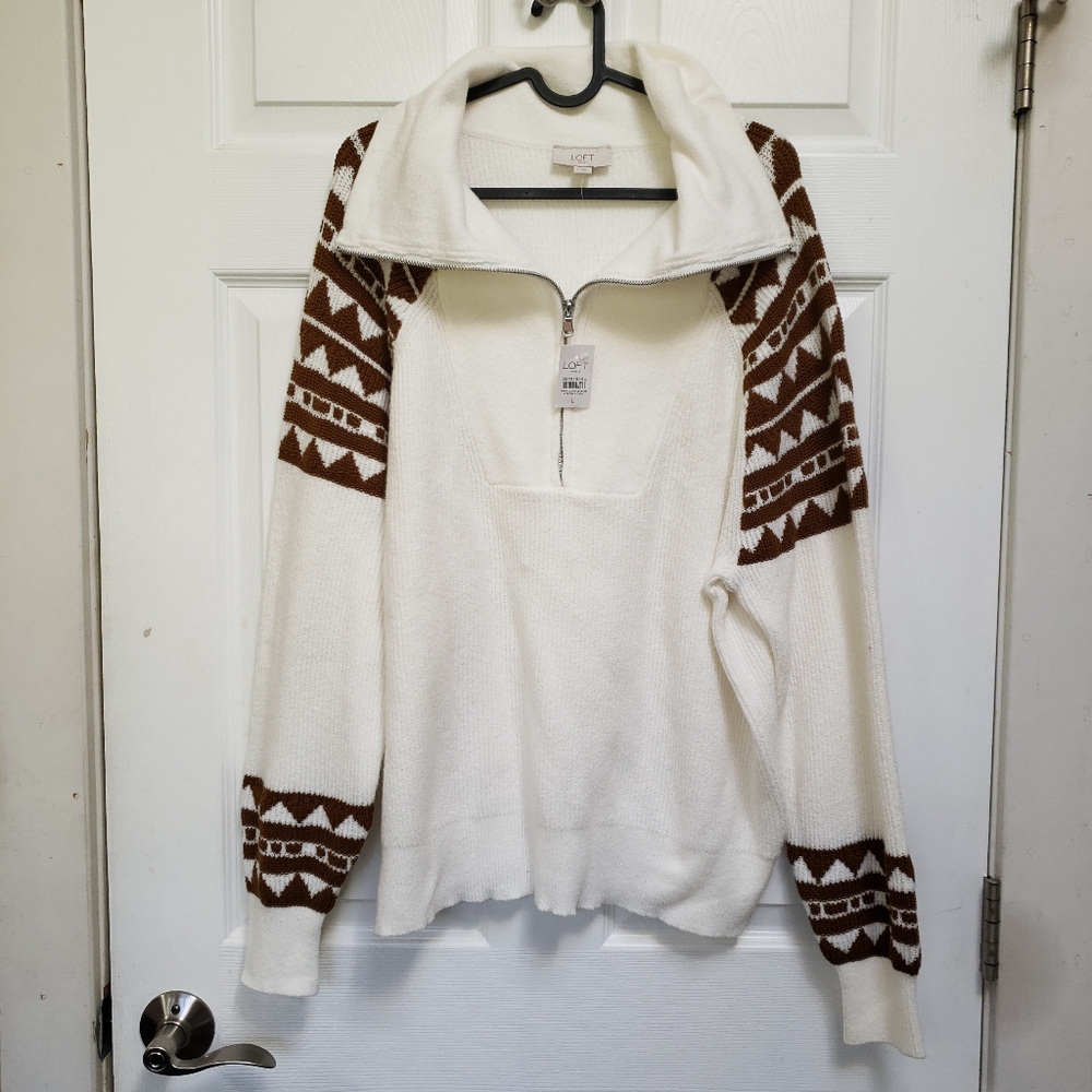 LOFT Cream Brown Southwestern Ribbed Pull Over 1/2 Zip Sweater